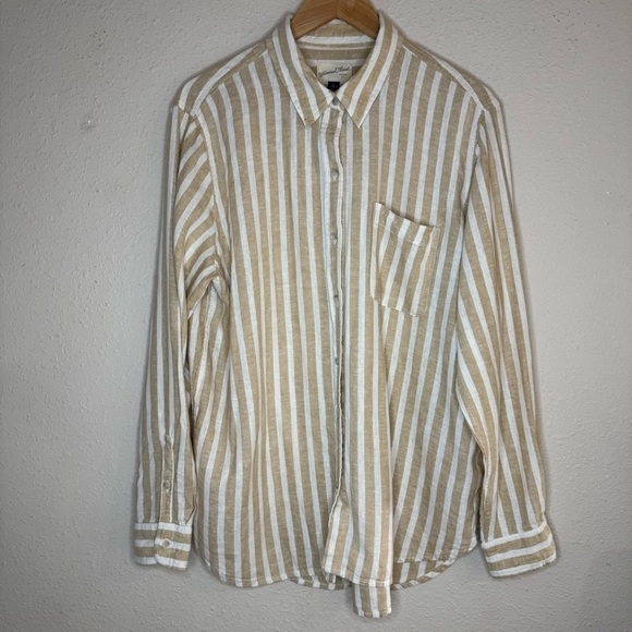Universal Thread Linen Blend Shirt Tan & White Oversized Striped Women’s Size L - Picture 1 of 9